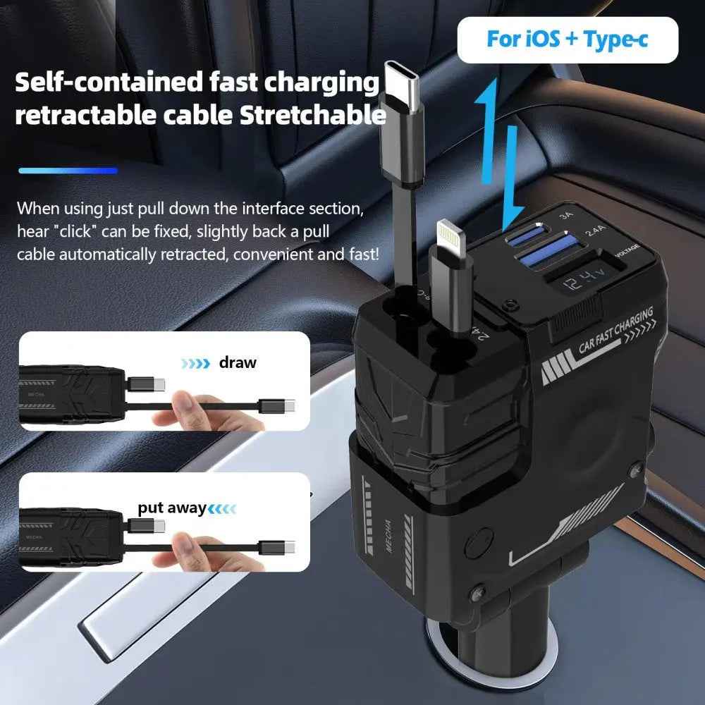 4-in-1 Retractable Car Fast Charger – 120W USB-C & Multi-Port Adapter